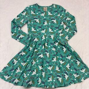 Frugi Kids Bird Rainbow Skater Twirl Dress Blue Long Sleeve Organic Sz 6-7 VGUC